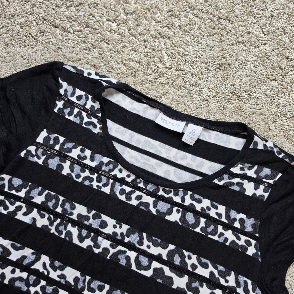 Zenergy By Chico's T-Shirt Womens 0 Black Striped Scoop Neck Short Sleeve Sequin